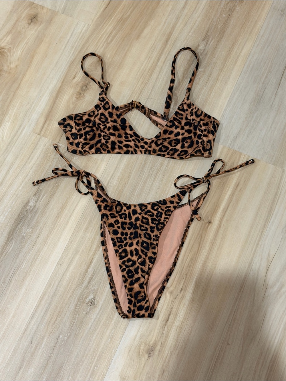 Leopard Print Tie-Side Bikini Set - Brown & Black